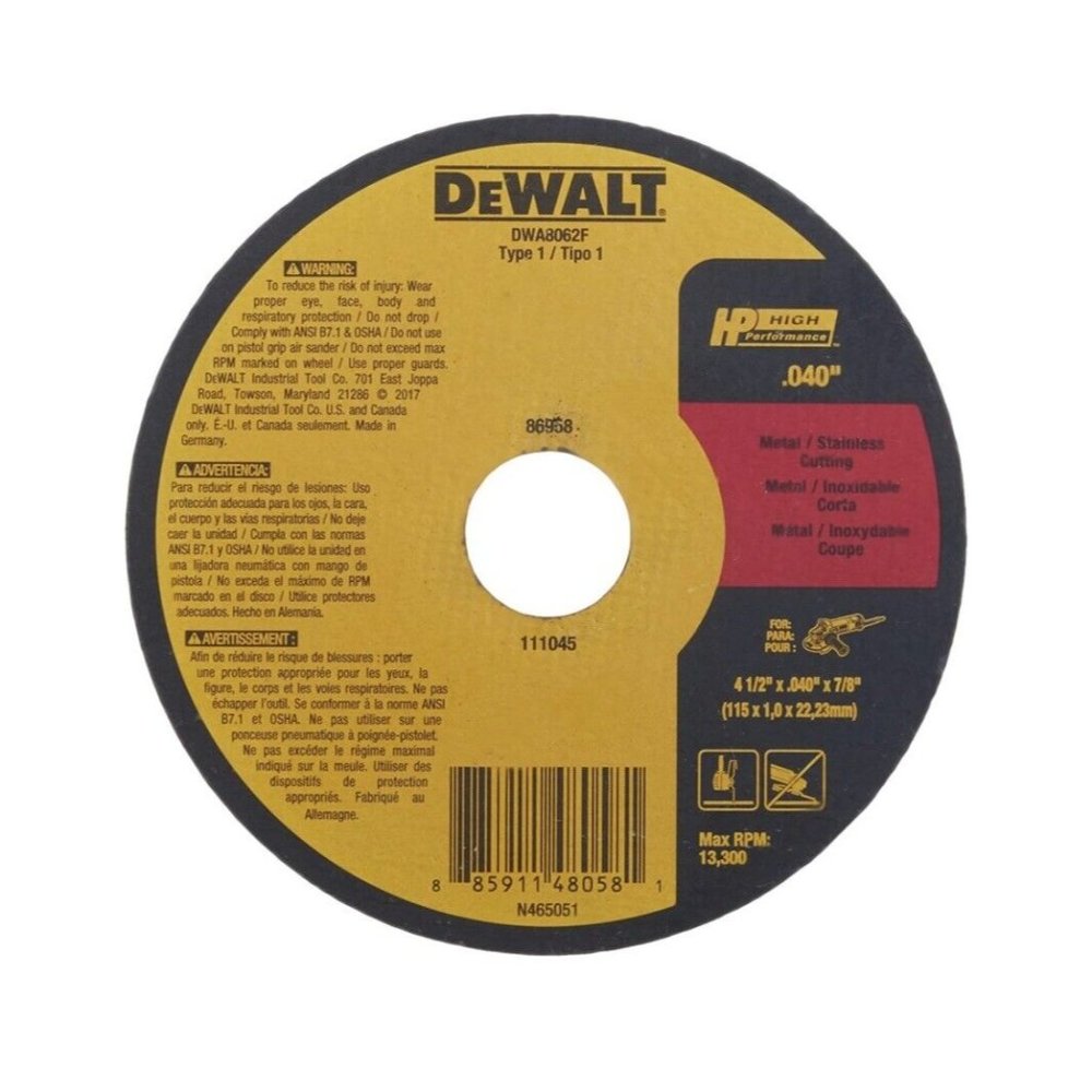 Dewalt Fast Cut-Off Wheel, 4.5"x 0.04"x 0.875"